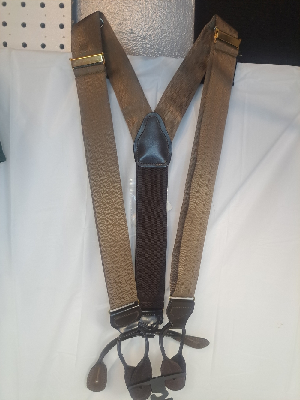 Mens Warehouse Brown Silk Tux Suspenders Adjustable w/ Patent Leather Braces NWT